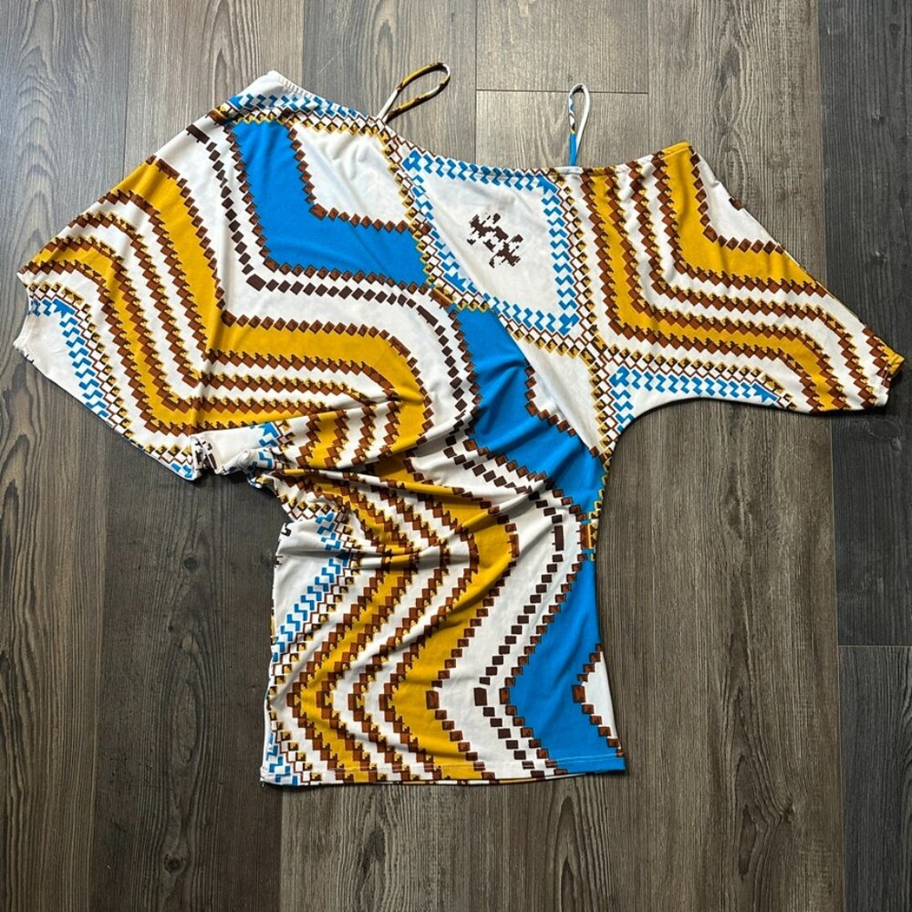 Abstract Tunic Womens Medium Cold Shoulder Geometric Tribal Stretch Vegas
